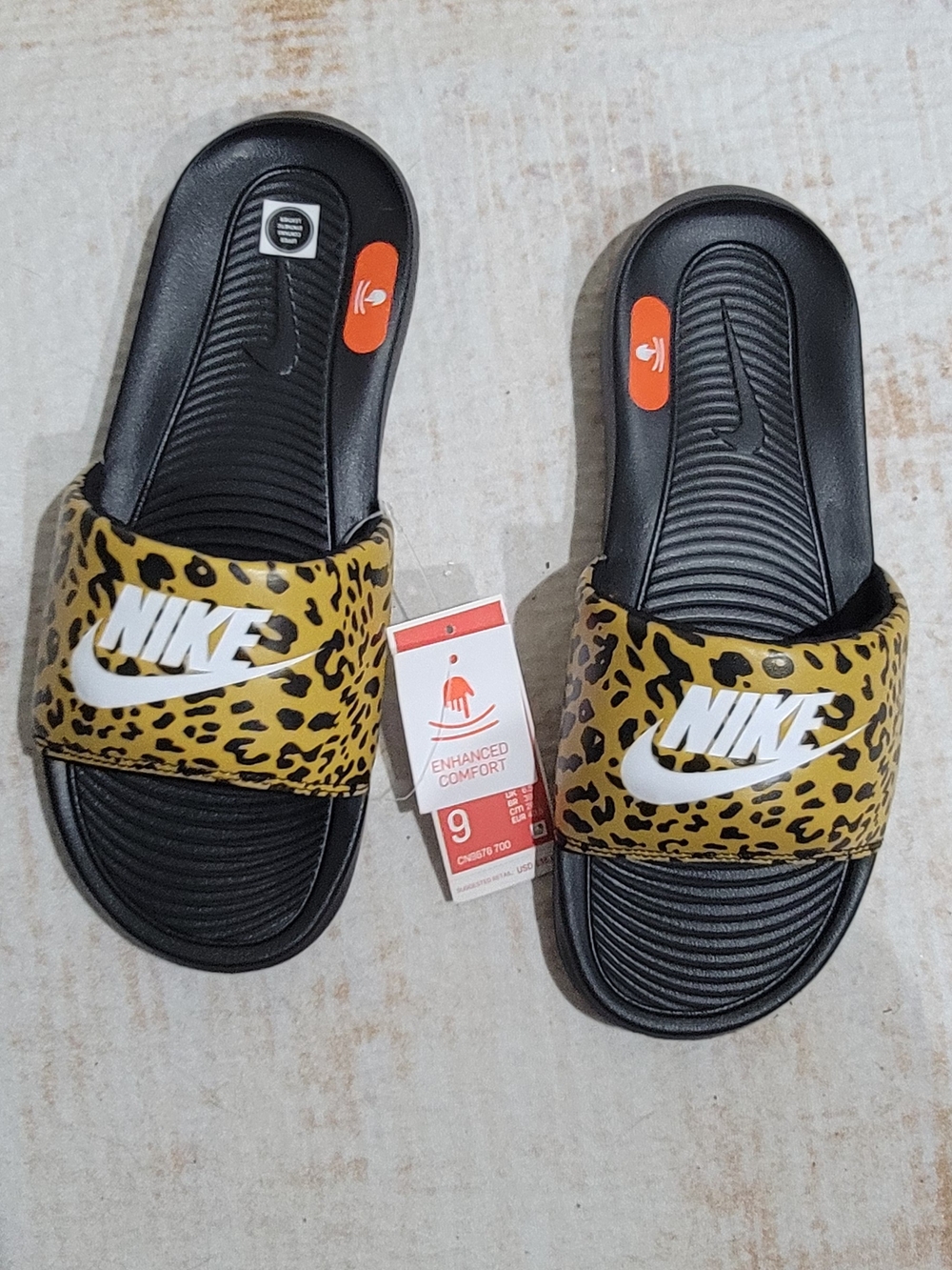 Nike Black Footbed Leopard-Print Slide Sandals with White Logo